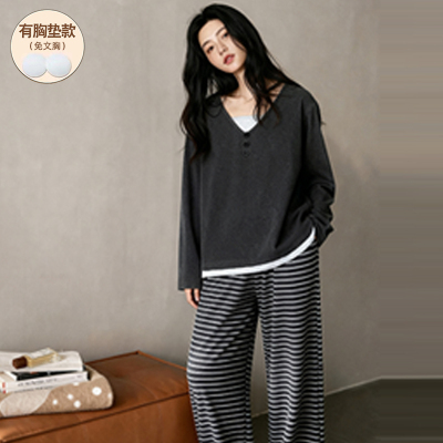 带胸垫秋冬季睡衣女款德绒加厚