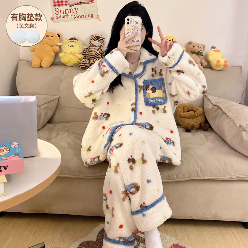 带胸垫睡衣女款冬季珊瑚绒可外穿