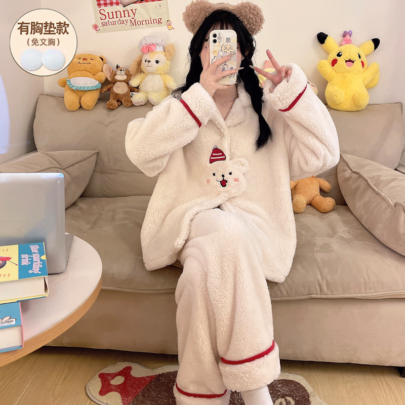 冬季睡衣女款珊瑚绒加厚带胸垫