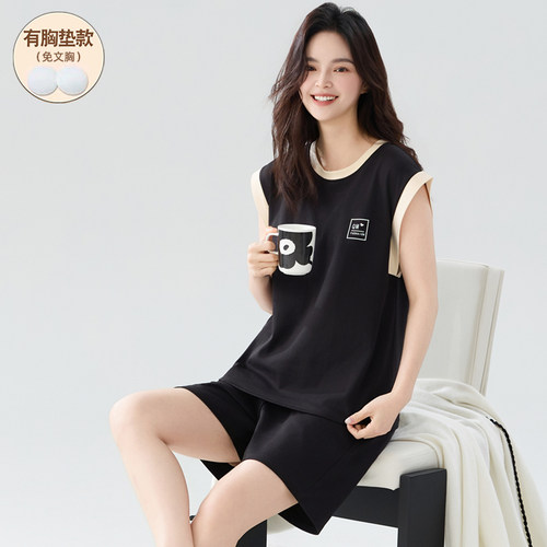 7A抗菌纯棉睡衣女款夏带胸垫背心