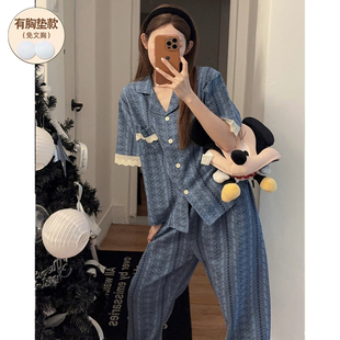 2026新款睡衣女款夏100纯棉带胸垫薄款短袖长裤加大码家居服开衫