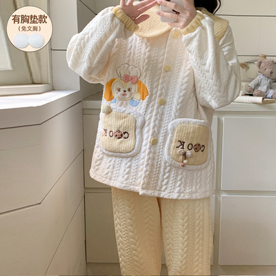 睡衣女款秋冬季长袖空气棉夹层