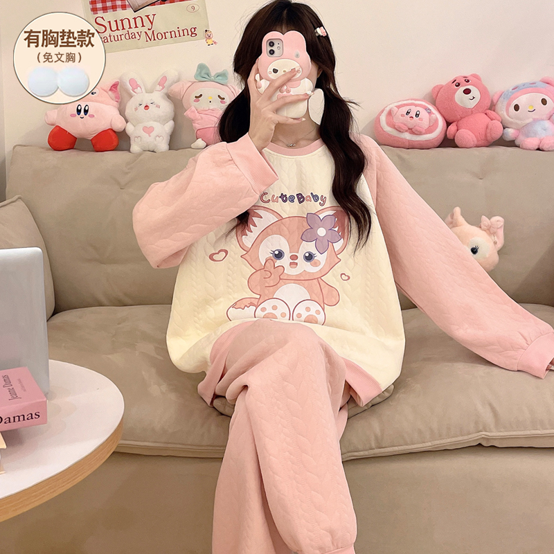 睡衣女冬季带胸垫空气棉纯棉保暖