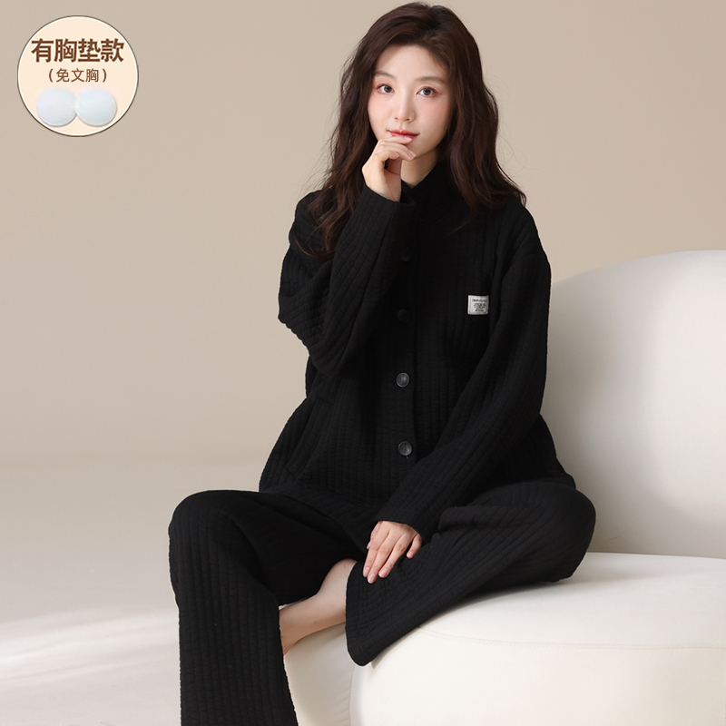 冬季睡衣女款长袖休闲空气棉夹层