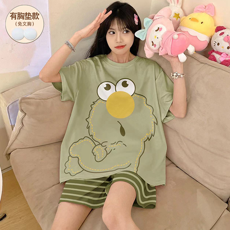 睡衣女款夏带胸垫纯棉短袖薄款