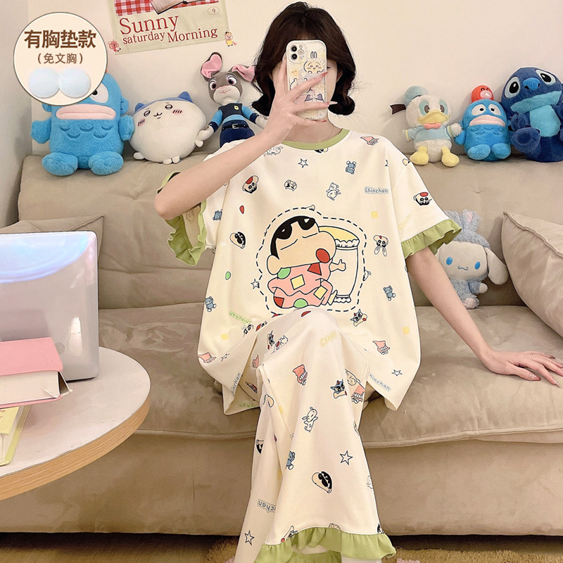 卡通蜡笔小新睡衣女款夏纯棉带胸垫短袖长裤2026新款加大码居家服