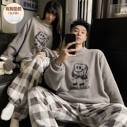 海绵宝宝情侣睡衣女冬季带胸垫珊瑚绒加厚保暖卡通可爱家居服学生
