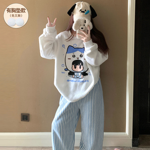 加绒加厚睡衣女款冬季带胸垫保暖珊瑚绒2025新款防凸点套装小个子