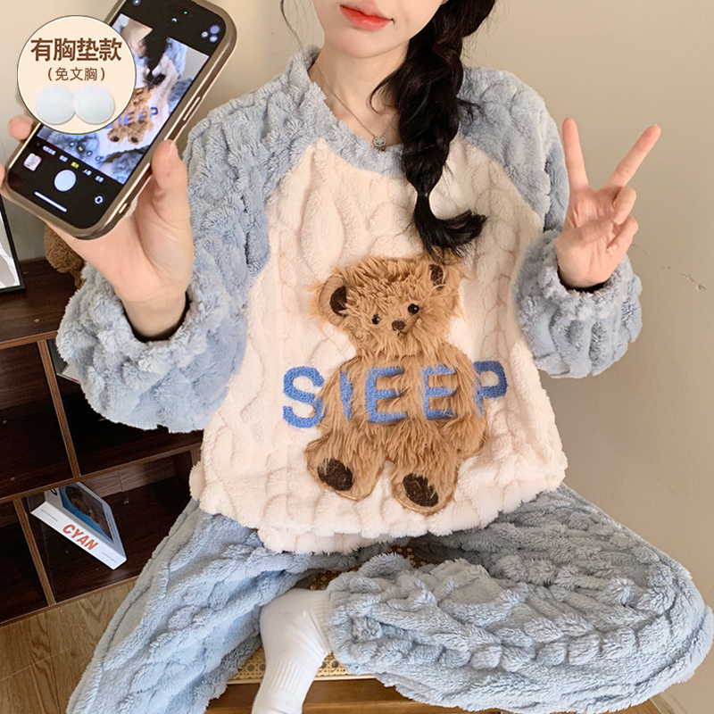 冬季睡衣女款珊瑚绒法兰绒可外穿