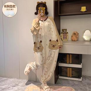 连体睡衣女春秋长袖带胸垫纯棉大码可外穿少女家居服可爱卡通学生