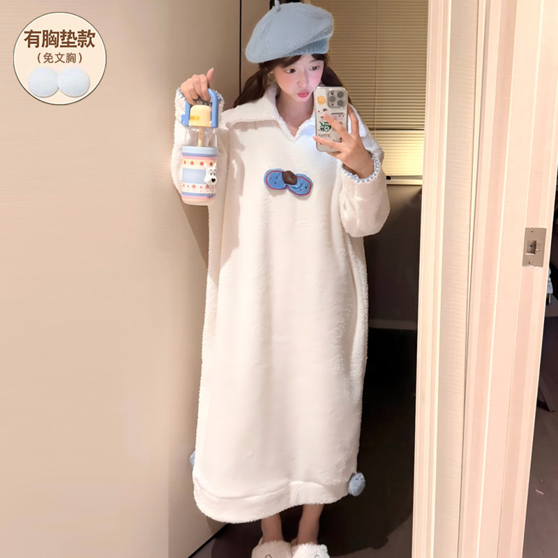 半边绒冬天睡裙长袖长款浴袍2025新款加绒加厚珊瑚绒女士睡袍少女