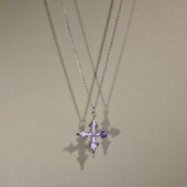 Vintage古着The Purple Cross女生项链紫色水钻十字架吊坠锁骨链