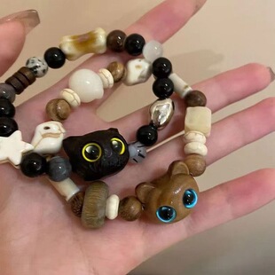 复古情侣可爱手工串珠小猫咪手链学生党情侣闺蜜礼物甜美气质手绳