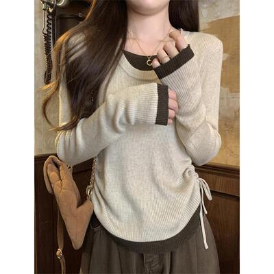 早春韩系高级感2025新款圆领打底衫女开春穿搭假两件长袖针织上衣