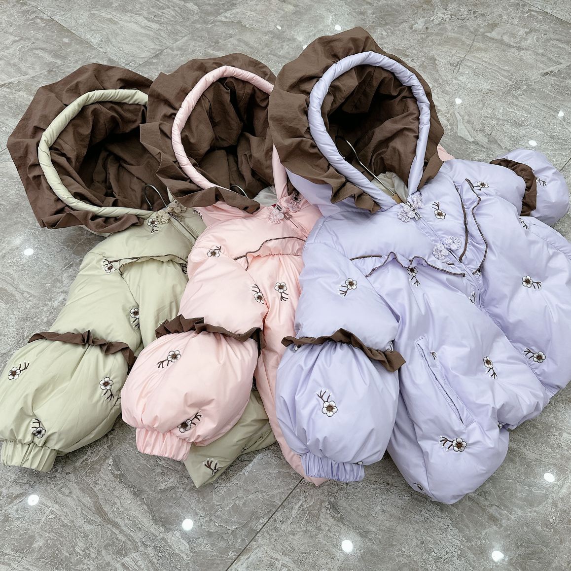 女童中式厚款连帽碎花羽绒服