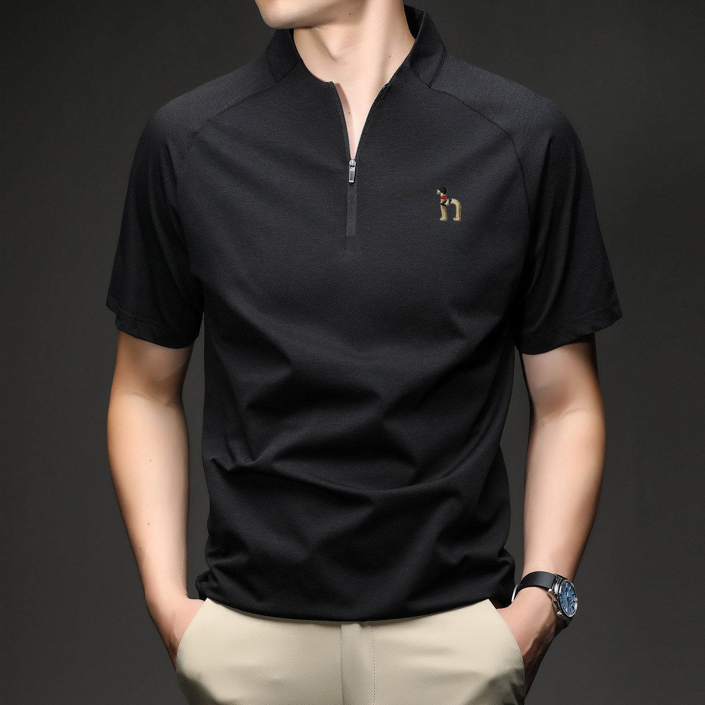 【奥特莱斯撤柜】纯棉短袖T恤男拉链立领 时尚休闲潮流百搭运动版