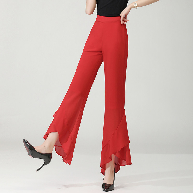 夏季雪纺微喇裤松紧弹力垂感喇叭裤高腰九分裤拉丁舞蹈裤薄款女裤