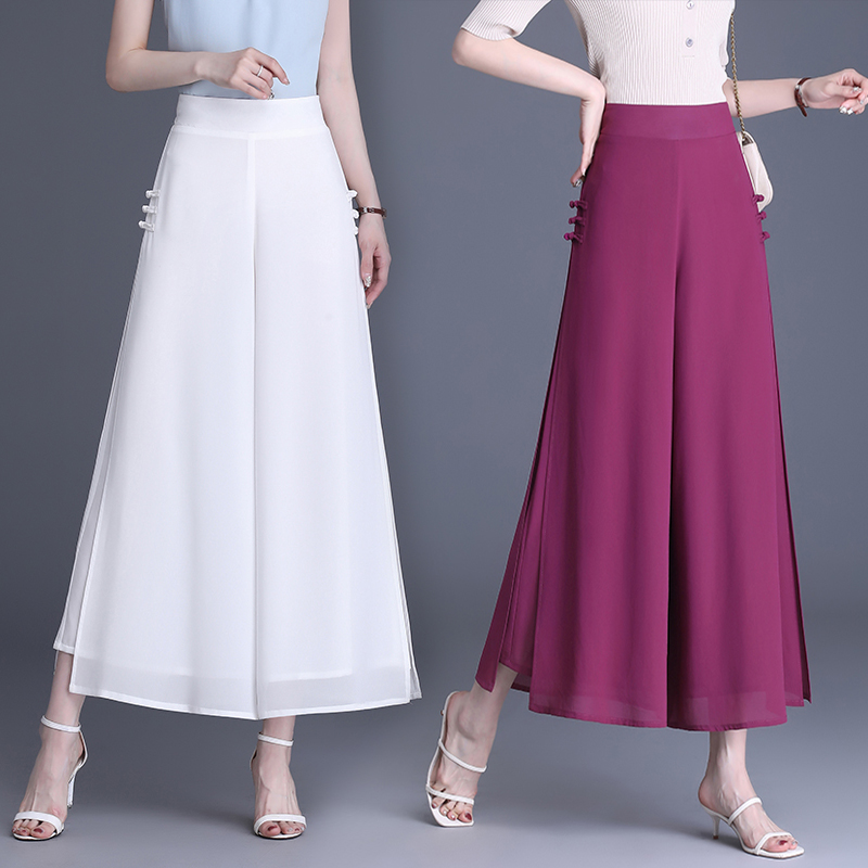 夏季薄雪纺双层纱轻薄不透九分阔腿国风后腰松紧腰围裙裤舞蹈裤女