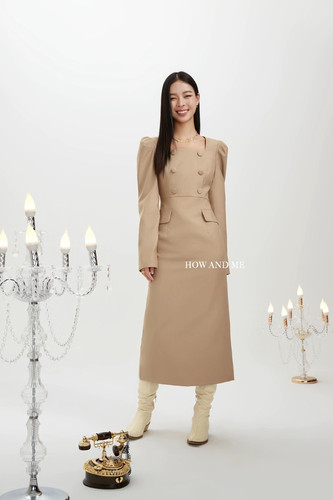 2026秋职场大女人气质双排扣口袋泡泡袖西服裙连衣裙长裙上班通勤