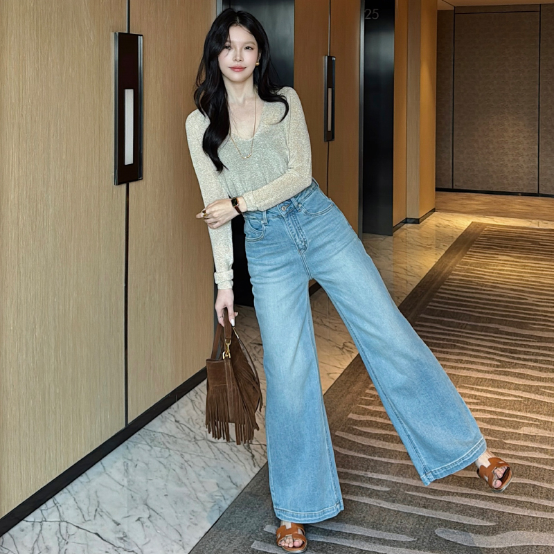 牛仔裤女2025春季新款高腰直筒拖地裤显瘦阔腿裤设计感蓝色宽松