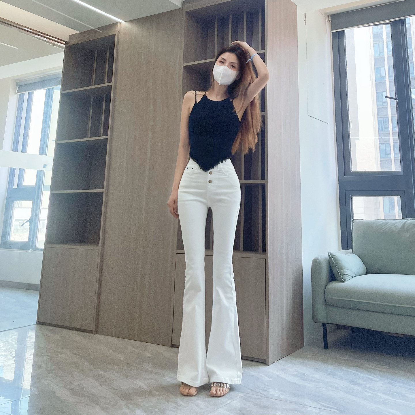 性感风白色喇叭牛仔裤女修身显瘦提臀拖地裤高弹做旧屁兜长裤中腰
