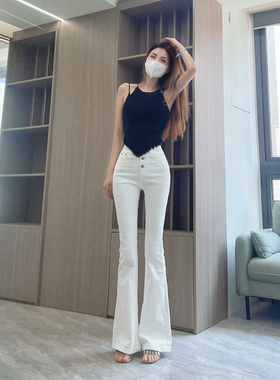 性感风白色喇叭牛仔裤女修身显瘦提臀拖地裤高弹做旧屁兜长裤中腰