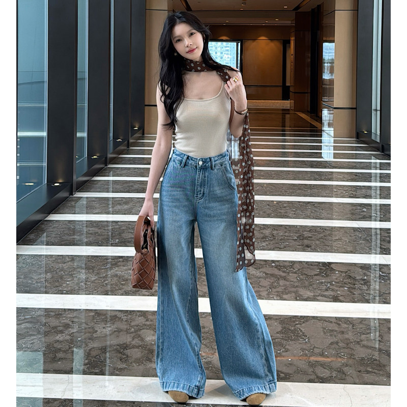 宽松阔腿裤高腰牛仔裤女梨形遮肉春秋2025新款浅蓝色直筒裤长裤