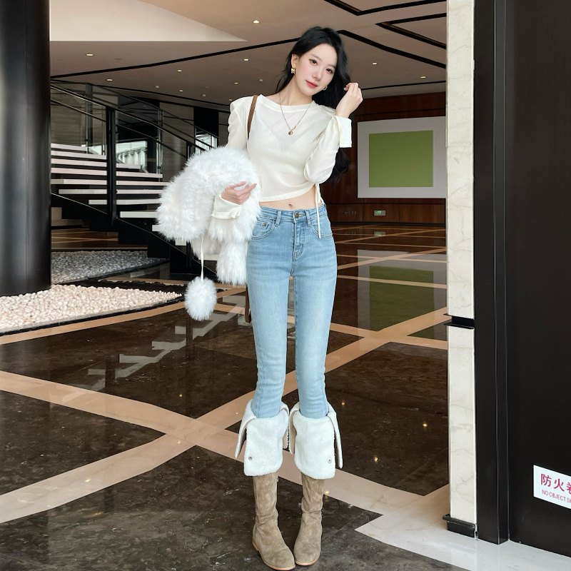 毛边浅蓝色抓绒牛仔裤女小脚铅笔裤高腰弹力2024春新款紧身九分潮