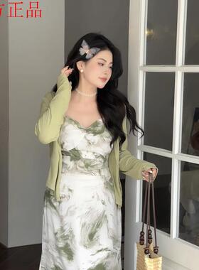 【嘎嘎】03186C+03113C胖mm新中式水墨画法式修身气质包臀裙+开衫