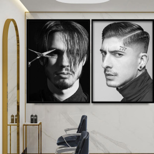 复古黑白男士油头发型挂画barbershop美发理发造型店装饰画美式画