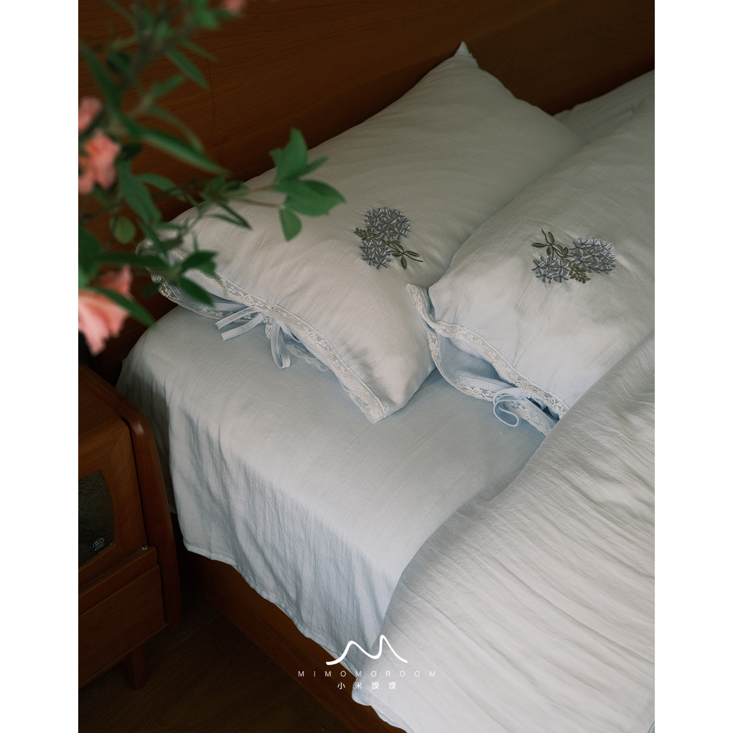 清雅蓝双砂哑光轻奢天丝被套刺绣四件套1.8m床单床笠卧室床品春夏