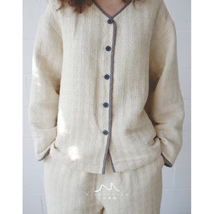 杏白棉麻三层加厚秋款睡衣长袖套装家居服简约