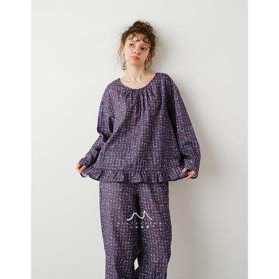 花影集·纯棉双层纱花边圆领秋冬碎花紫蓝家居服套装长袖睡衣女新