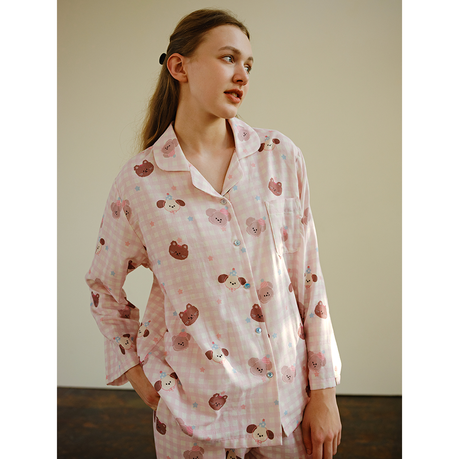 粉格星星动物 原创格子卡通纯棉纱长袖长裤睡衣春夏空调房家居服