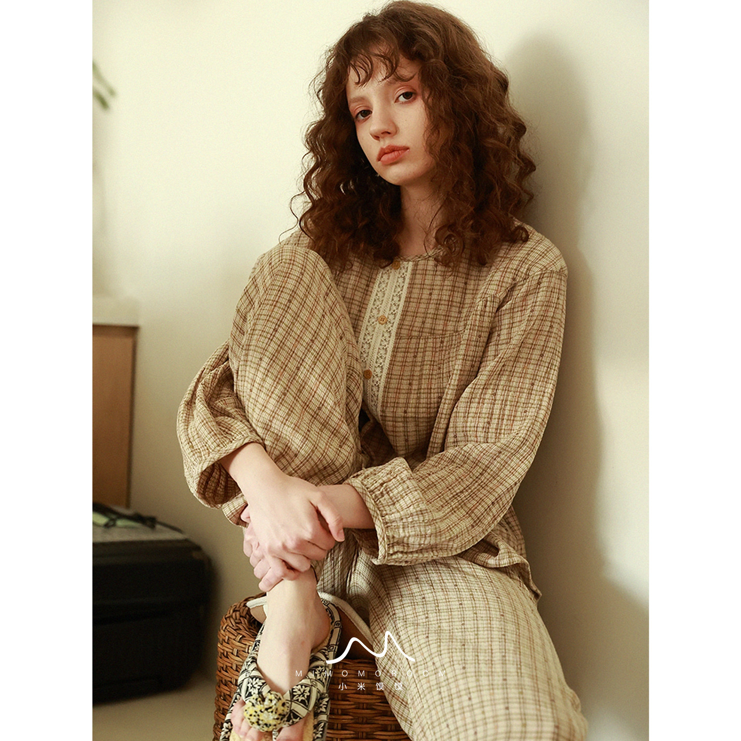 奶咖格小提花色织棉质原创法式复古蕾丝长袖长裤睡衣家居服套装新