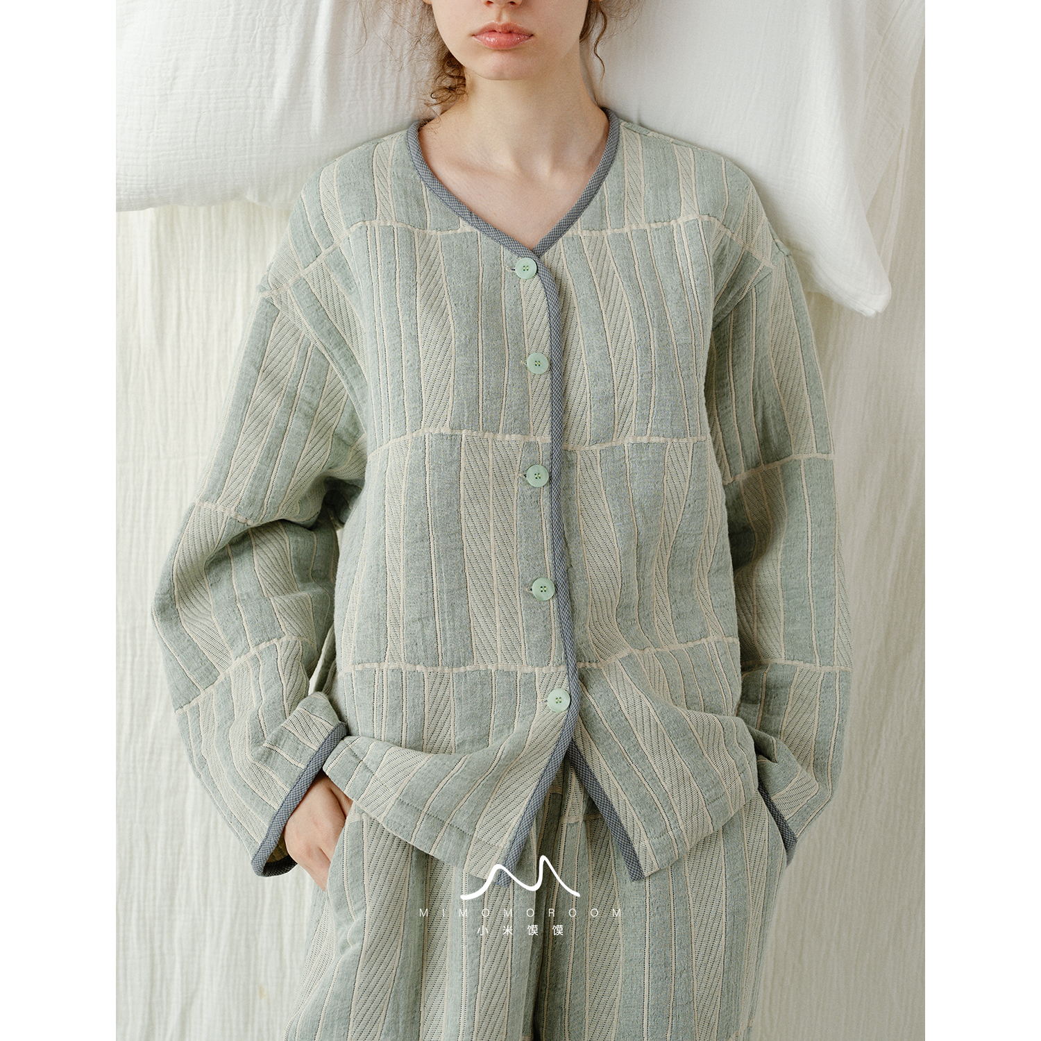 条纹奶绿丨棉麻三层加厚秋冬提花家居服长裤套装睡衣可外穿新品