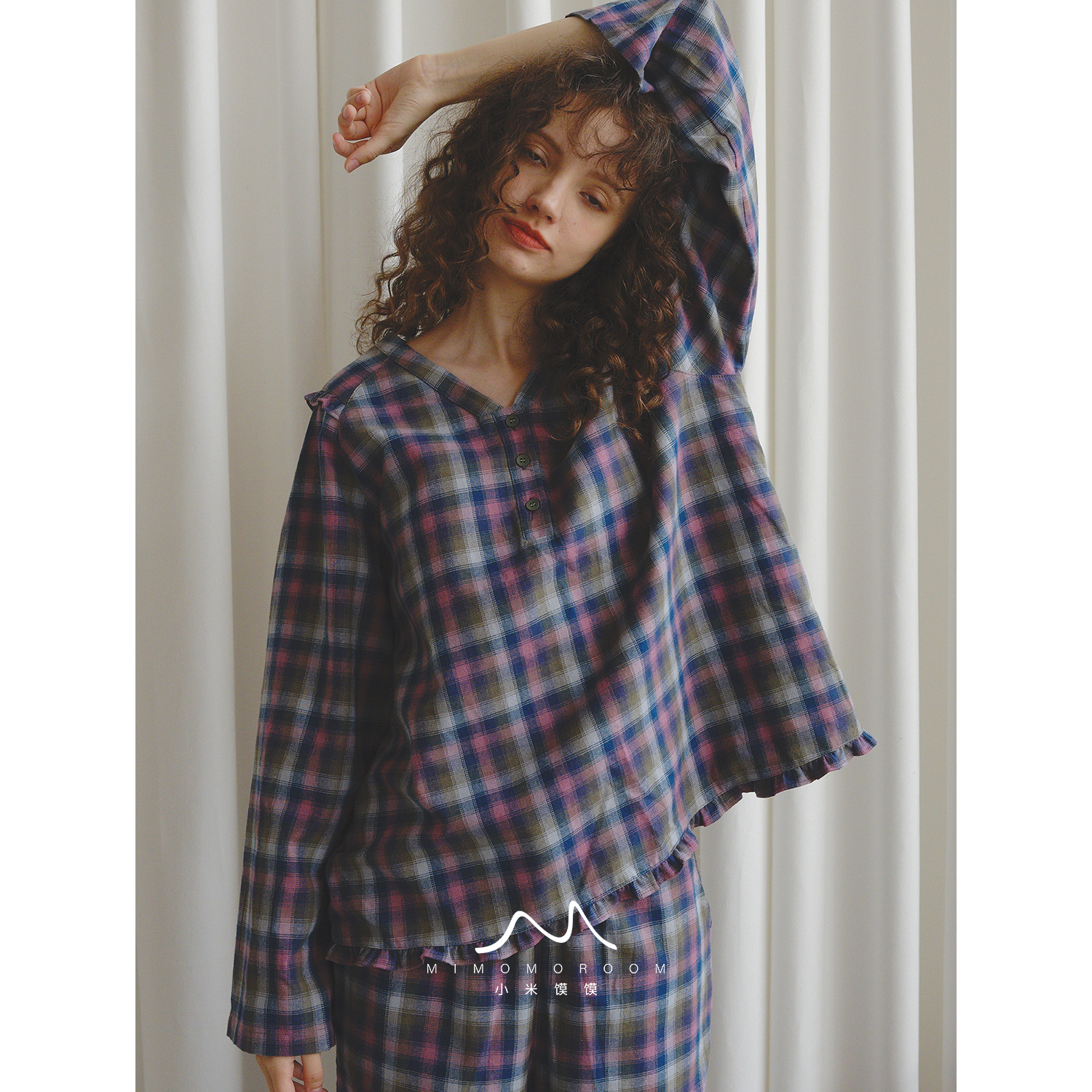 蓝莓格纹·秋冬加厚双面拉绒长袖长裤睡衣套装复古撞色格子家居服