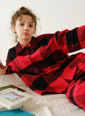 qiao显白!苹果红格子313g高克重加厚纯棉磨毛家居服套装秋冬睡衣