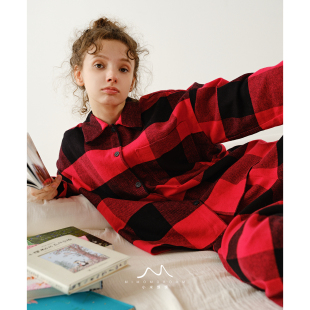 qiao显白 秋冬睡衣 苹果红格子313g高克重加厚纯棉磨毛家居服套装