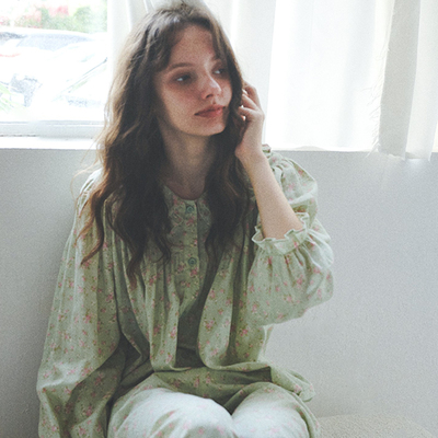 春韵别处·温柔气质碎花娃娃领纯棉双层纱长袖长裤睡衣家居服套装