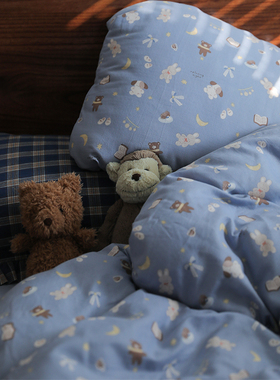熊仔星球丨蓝色系纯棉双层纱可爱卡通熊床单信封枕套被套床笠1.2m