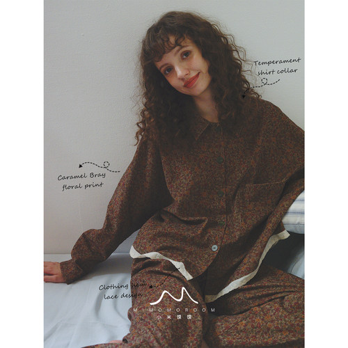 焦糖布蕾·复古碎花纯棉灯芯绒长袖长裤睡衣套装家居服秋冬可外穿