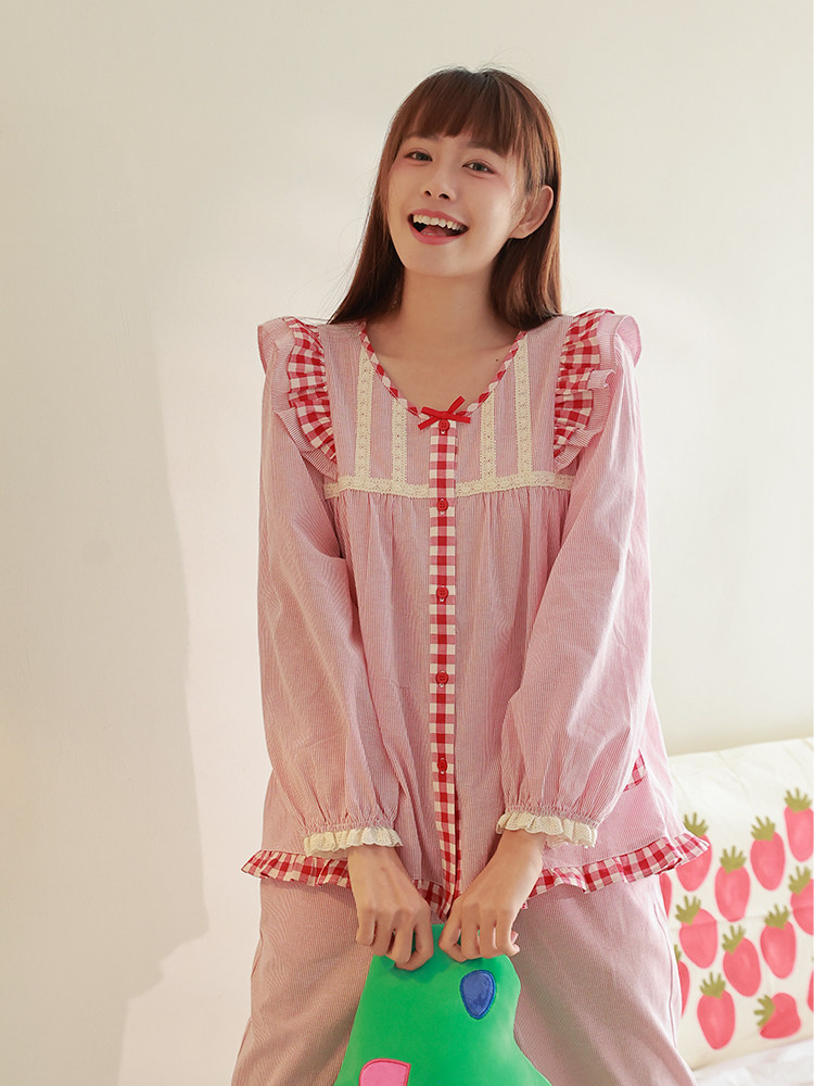 馍馍丨元气桃桃@原创格纹款纯棉粉荷叶边可爱少女睡衣家居服套装
