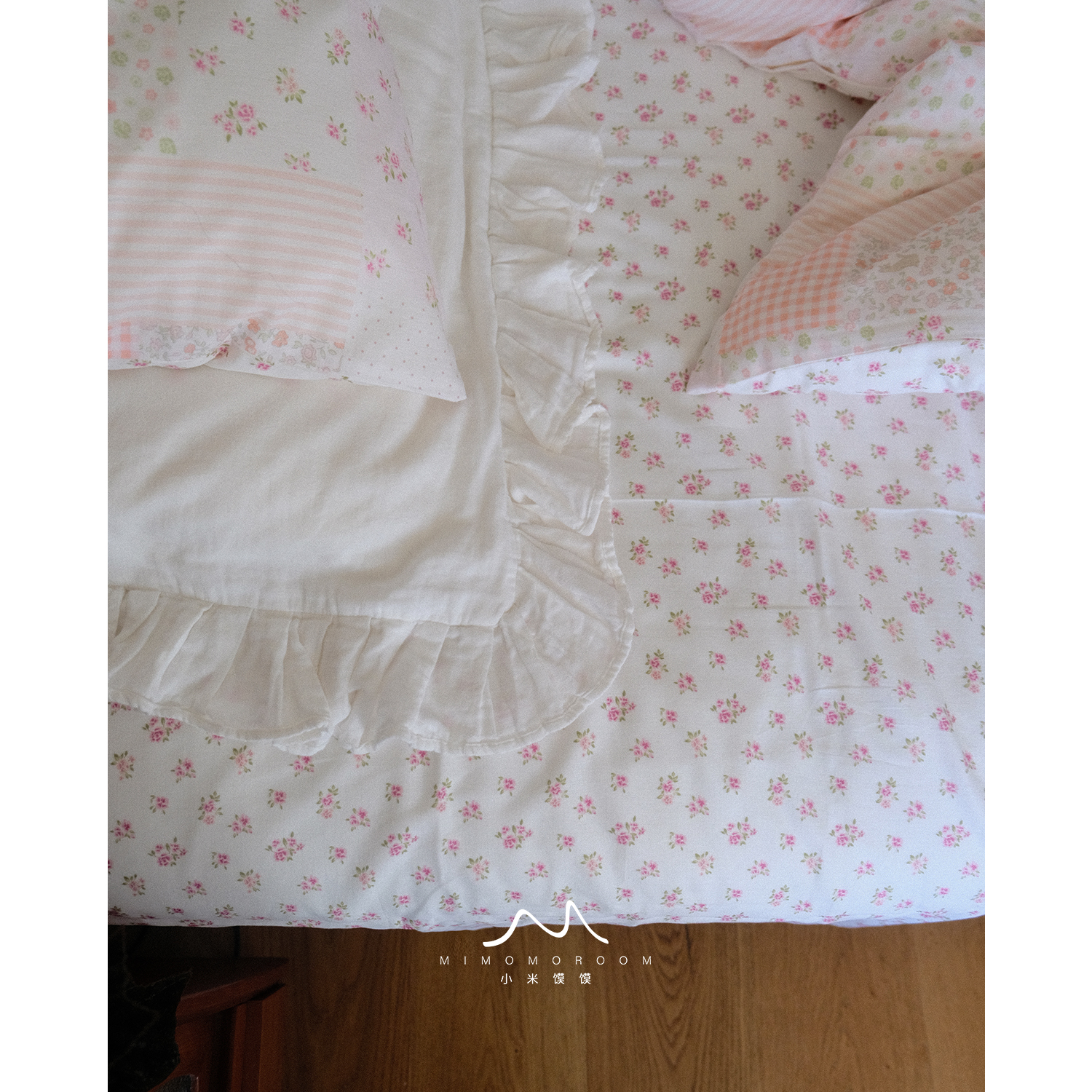 白底小玫瑰拼布风格纯棉双层纱碎花条纹床单被套田园风四件套床品