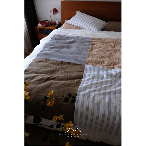 干净配色浅茶布集·手工拼接色织纯棉1.8m四件套被套床单床笠枕套