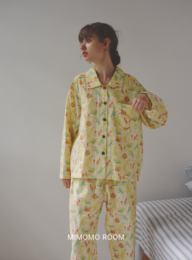 布丁动物日记·纯棉双层纱黄色可爱长袖长裤睡衣套装秋家居服女新