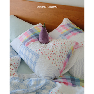 柏林花事ins风拼接格子碎花加厚纯棉皱皱纱1.8m床四件套床单床笠