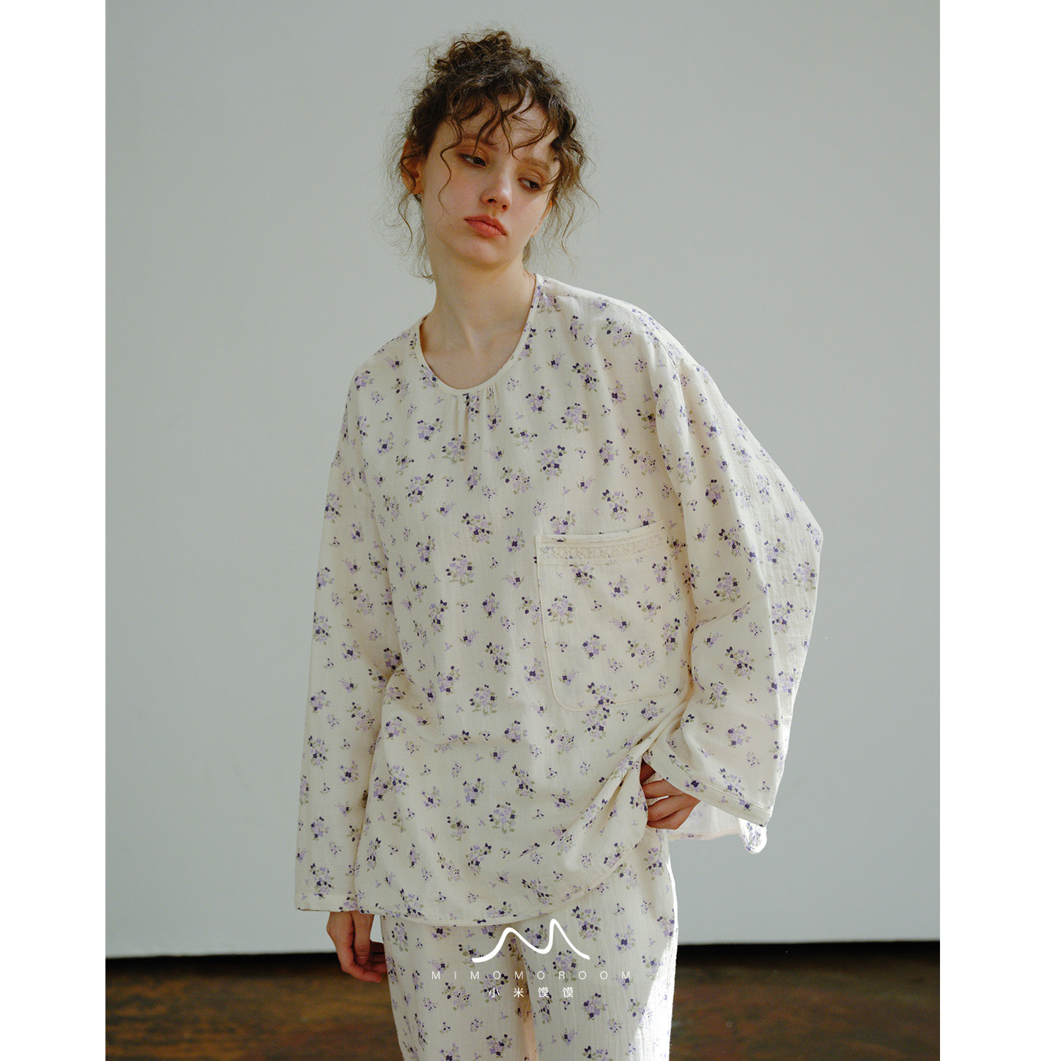 紫花眠&middot;春季温柔碎花简约圆领纯棉双层纱长袖长裤睡衣家居服套装