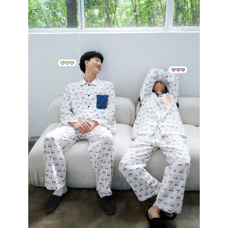 馍馍原创·萌趣手绘头像情侣家居服纯棉双层纱卡通长袖睡衣套装,女士内衣/男士内衣/家居服,睡衣/家居服套装,淘宝优惠券,粉丝福利购,淘宝优惠卷