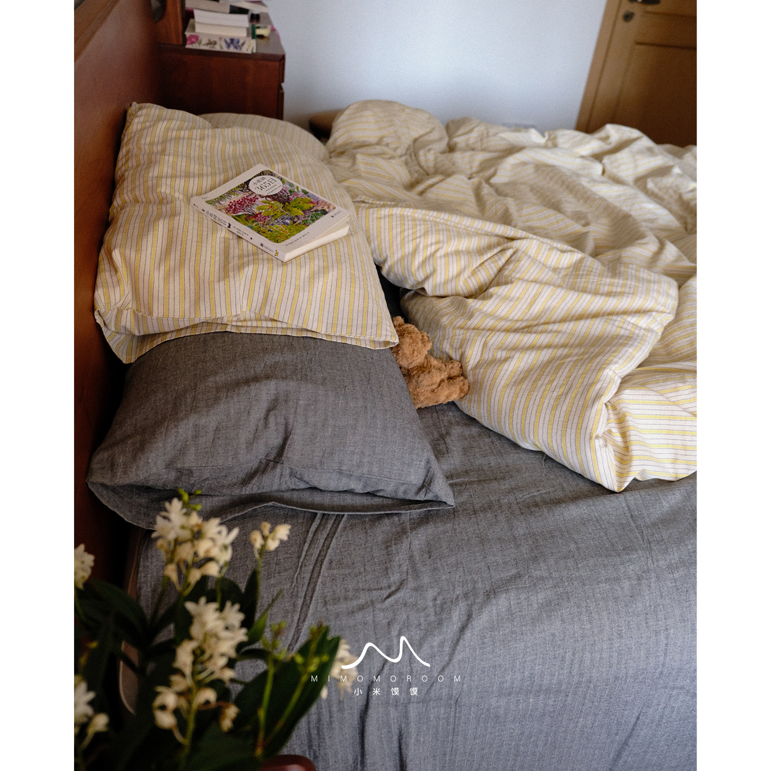 柠檬条纹&middot;棉麻复古ins简约被套四件套1.8床单床笠赠1枕套早春新